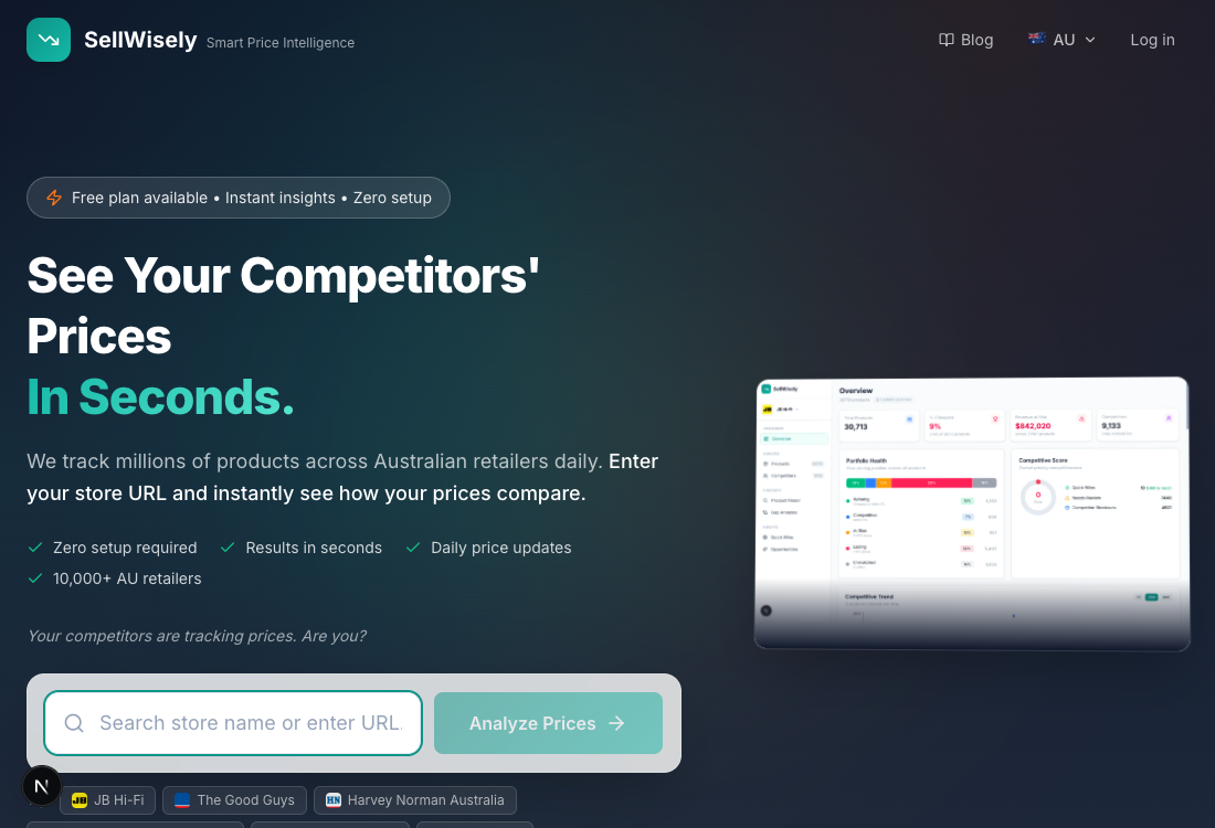 SellWisely homepage with simple URL entry for zero-setup monitoring